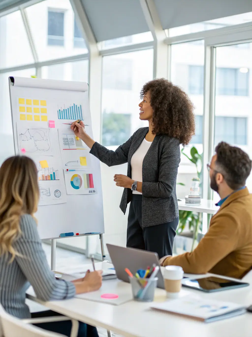A consultant presenting a viral marketing strategy on a whiteboard, showcasing Viral Vines Marketing's expertise in developing customized viral strategies.