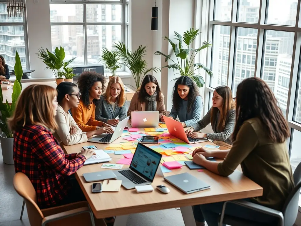 A vibrant image showcasing a diverse team brainstorming ideas in a modern, tech-driven office environment, reflecting Viral Vines Marketing's collaborative and innovative approach to marketing strategy.